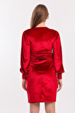 Kruvaze Büzgülü Balon Kol Kadife Abiye  Elbise | Elb33257 Bordo