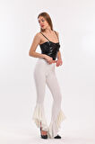 Kemerli Paça Volanlı Pike Çelik  Pantolon | Pnt32698 Ekru