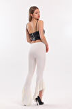 Kemerli Paça Volanlı Pike Çelik  Pantolon | Pnt32698 Ekru