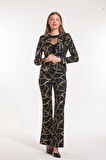 İspanyol paça Varak Baskılı Scuba Pantolon | PNT33581 Zincir Des.Siyah Gold