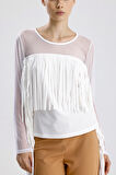 Püsküllü Dalgıç Scuba Krep Tül  Bluz | Blz33372 Beyaz