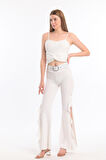 Volanlı  Kemerli Scuba Krep Pantolon | Pnt33394 Ekru