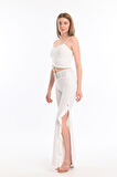 Volanlı  Kemerli Scuba Krep Pantolon | Pnt33394 Ekru