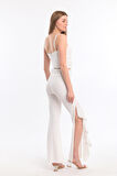 Volanlı  Kemerli Scuba Krep Pantolon | Pnt33394 Ekru