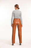 Deri Düğme Ve Fermuarlı İçi Kadife Pantolon | PNT33751 Taba