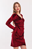 Kruvaze Uzun Kol Kadife Mini Elbise | Elb33850 Bordo