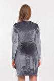 Kruvaze Uzun Kol Kadife Mini Elbise | Elb33850 Grı