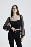 Arkası Fermuarlı Gloplu U.Kol Lastik Büzgülü Tül Bluz | BLZ33864 Siyah