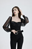 Arkası Fermuarlı Gloplu U.Kol Lastik Büzgülü Tül Bluz | BLZ33864 Siyah