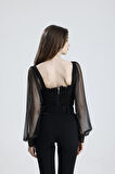 Arkası Fermuarlı Gloplu U.Kol Lastik Büzgülü Tül Bluz | BLZ33864 Siyah