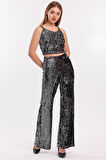 Lastikli Geniş Paça Payetli Abiye Pantolon | Pnt33970 Siyah Gümüş