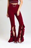 Kemerli Yandan Volanlu Scuba Krep Pantolon_PNT33381 Bordo