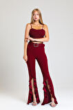 Kemerli Yandan Volanlu Scuba Krep Pantolon_PNT33381 Bordo