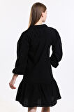 Önü Düğmeli Gömlek Yakalı Uzun Kol Elbise | Elb34187 Siyah