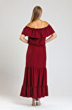 Degaje Yaka Yakası Lastikli Dokuma Viskon Uzun Elbise | Elb34315 Bordo