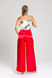 Gipe Detaylı  Cepli Bol Paça Saten Pantolon | Pnt34217 Kırmızı