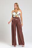 Gipe Detaylı  Cepli Bol Paça Saten Pantolon | Pnt34217 Sütlü Kahve
