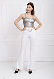 İspanyol Paça Kemerli Örme Kumaş Pantolon PNT32439 Beyaz