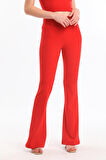 İspanyol Paça Kemerli Örme Kumaş Pantolon PNT32439 Kırmızı