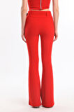 İspanyol Paça Kemerli Örme Kumaş Pantolon PNT32439 Kırmızı