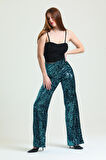 Lastikli Geniş Paça Payetli Abiye Pantolon | Pnt33970 Siyah-Turkuaz