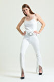 Beli Kemerli Sıralı Taş Zincir Detaylı  Scuba Krep Abiye Pantolon | Pnt34307 Beyaz