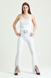 Beli Kemerli Sıralı Taş Zincir Detaylı  Scuba Krep Abiye Pantolon | Pnt34307 Beyaz