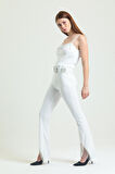 Beli Kemerli Sıralı Taş Zincir Detaylı  Scuba Krep Abiye Pantolon | Pnt34307 Beyaz