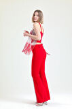 Kemerli  Paçaları Taşlı Scuba Krep Abiye Büyük Beden  Pantolon | Pnt34185 Kırmızı