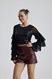Suni Deri Yüksek Bel Şort | ŞRT34533 Bordo