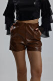 Suni Deri Yüksek Bel Şort | ŞRT34533 Taba