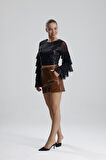 Suni Deri Yüksek Bel Şort | ŞRT34533 Taba