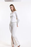 Kemerli  Paçaları Taşlı Scuba Krep Abiye Büyük Beden  Pantolon | Pnt34185 Ekru