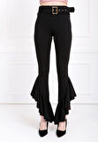 Kemerli Paça Volanlı Pike Çelik  Pantolon | Pnt32698 Siyah