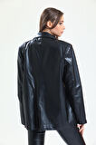 Kadın Suni Deri Büyük Beden Deri Ceket | Ckt33280 Siyah - Siyah