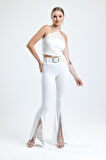 Kemerli Paça Volanlı Pike Çelik  Pantolon | Pnt32698 Beyaz