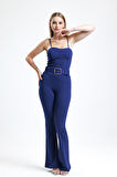 İspanyol Paça Kemerli Örme Kumaş Pantolon PNT32439 Saks
