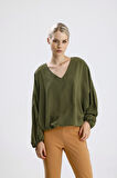 Yakası Pervazlı Etek Ucu Lastikli Jesika Bluz | Blz34815 Yesıl