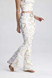 İspanyol paça Varak Baskılı Scuba Pantolon | PNT33581 Ekru Gold Zincir Desen