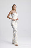 İspanyol paça Varak Baskılı Scuba Pantolon | PNT33581 Ekru Gold Zincir Desen