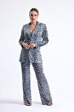 İci Astarlı Leopar Desenli Abiye Pul payet Ceket | CKT34264 Siyah Gümüş Leopar