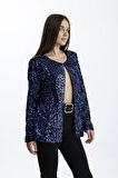 Astarlı Mevsimlik Kadife Üstüne Payet İşleme Abiye Ceket | CKT34356 Lacıvert