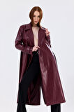 Astarlı Beli Kuşaklı  Apoletli  Suni Deri Trençkot Pardüsü Bordo