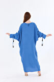 Manşetli İp Püsküllü Viskon Çizgili  Kimono | KMN35613 İndigo Çizgili