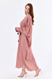 Manşetli İp Püsküllü Viskon Çizgili  Kimono | KMN35613 Pudra Çizgili