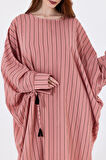 Manşetli İp Püsküllü Viskon Çizgili  Kimono | KMN35613 Pudra Çizgili
