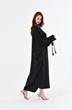Manşetli İp Püsküllü Viskon Çizgili  Kimono | KMN35613 Siyah Çizgili