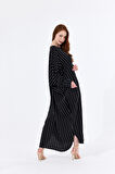 Manşetli İp Püsküllü Viskon Çizgili  Kimono | KMN35613 Siyah Çizgili
