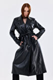 Astarlı Beli Kuşaklı  Apoletli  Suni Deri Trençkot Pardüsü Siyah