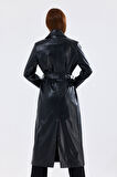 Astarlı Beli Kuşaklı  Apoletli  Suni Deri Trençkot Pardüsü Siyah